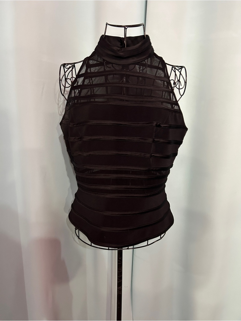 Tadashi Shoji Black Sleeveless Mock Neck Layered Mesh Top